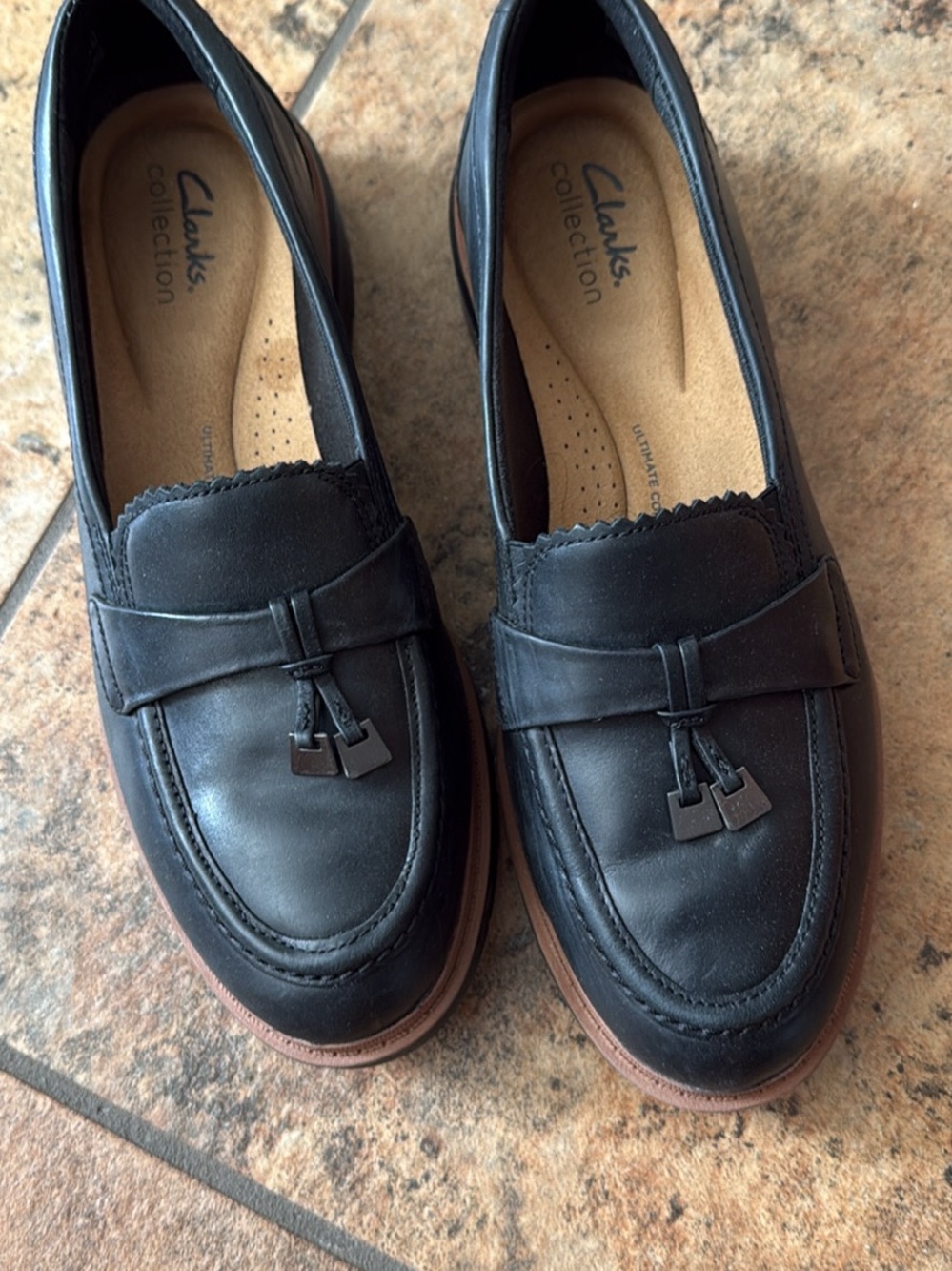 Clarks Black Leather Loafers with Tassel Detail